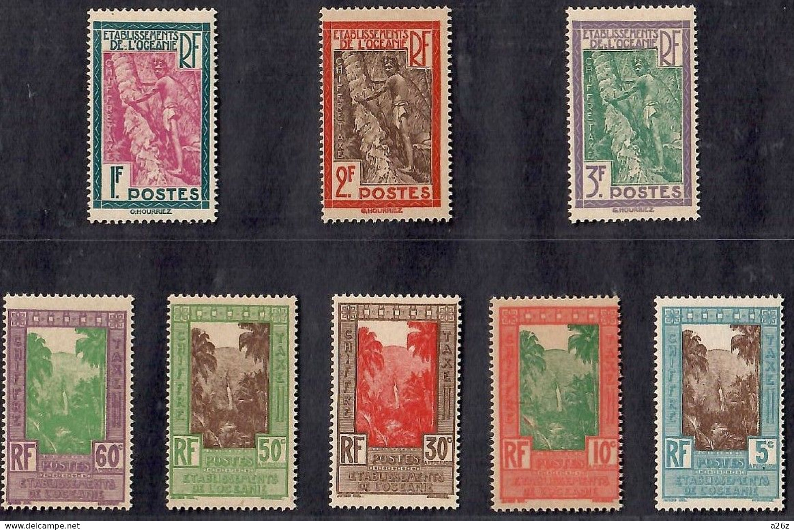 French Oceania  1929 Fautaua Falls, Tahiti And  Tahitian Youth Postage Due 8V MNH - Segnatasse