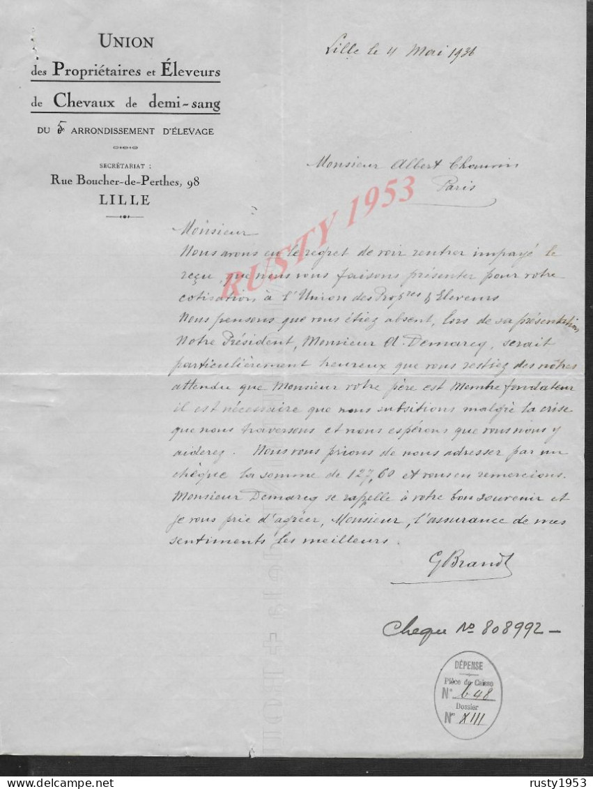 EQUITATION HIPPISME COURSES DE CHEVAUX LETTRE DE 1931 UNION DES PROPRIÉTAIRES & ÉLEVEURS DE CHEVAUX À LILLE : - Equitation