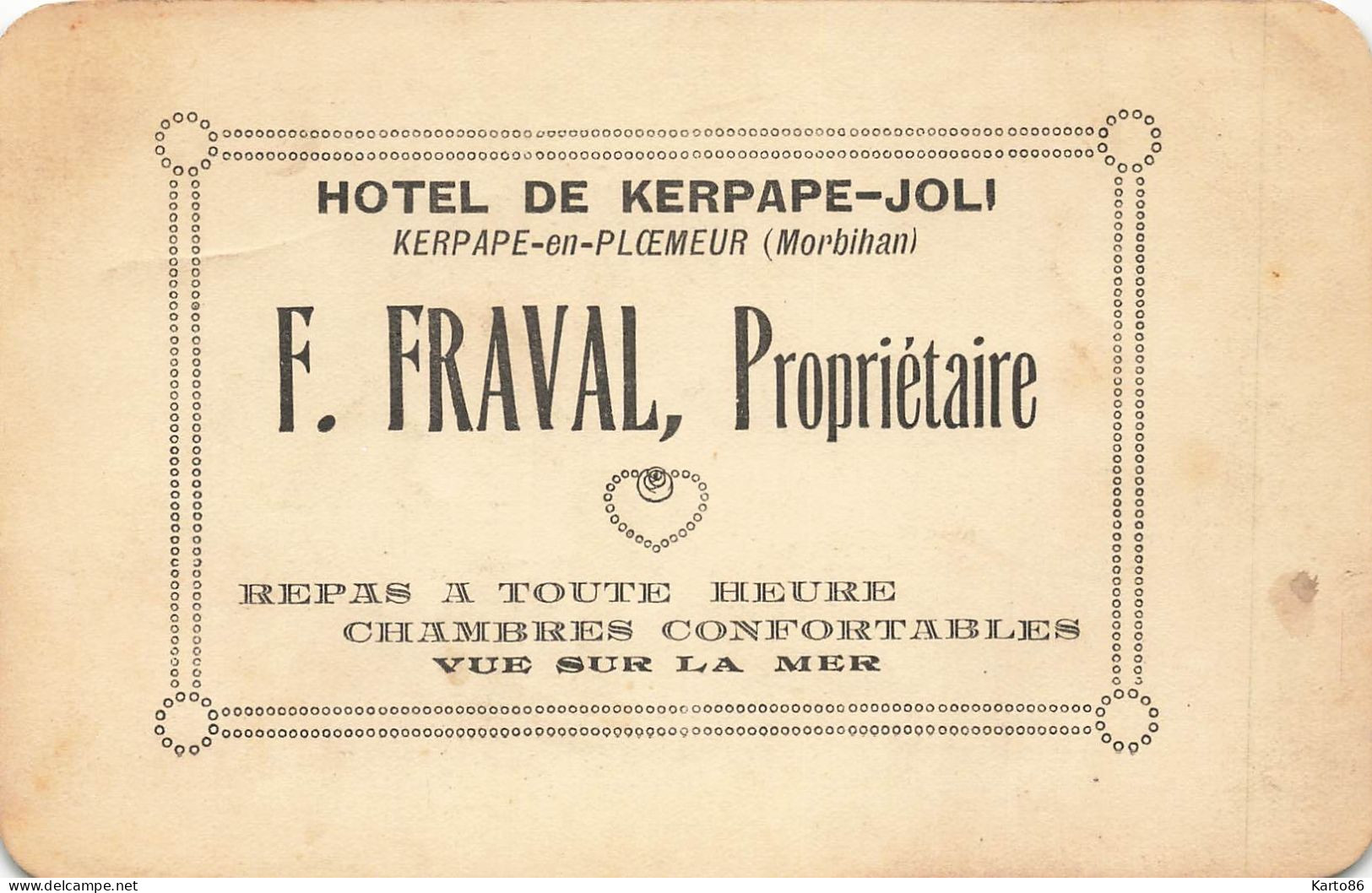 Kerpape En Ploemeur * RARE Publicitaire " Hôtel De Kerpape Joli F. FRAVAL Propriétaire " * CPA Angles Format D'origine - Ploemeur