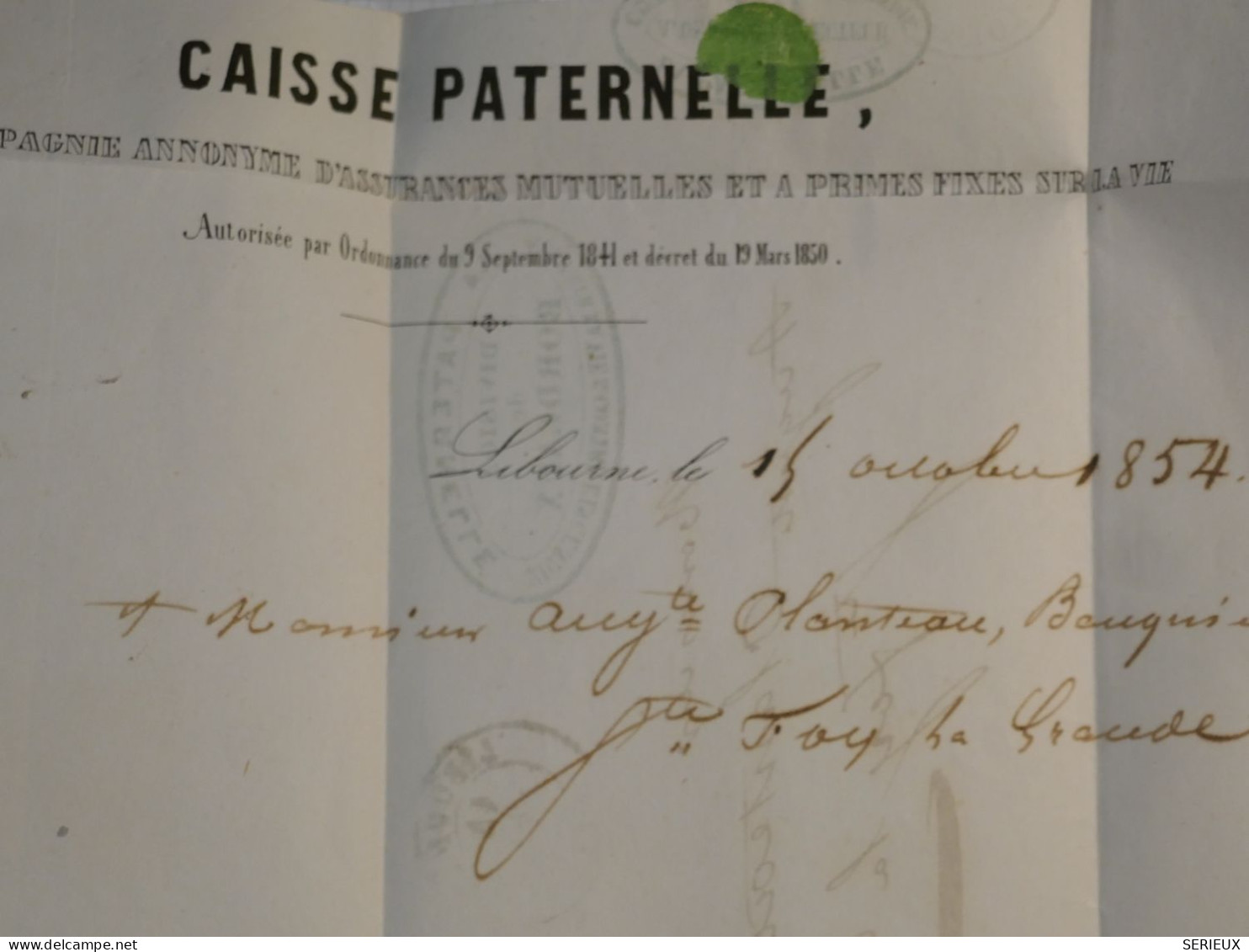 DH10 FRANCE BELLE LETTRE  CAISSE PATERNEL . CURIOSITé++ 1854 BORDEAUX A STE FOIX  LA GRANDE +    N° 14  LAITEUX   ++ - 1849-1876: Période Classique