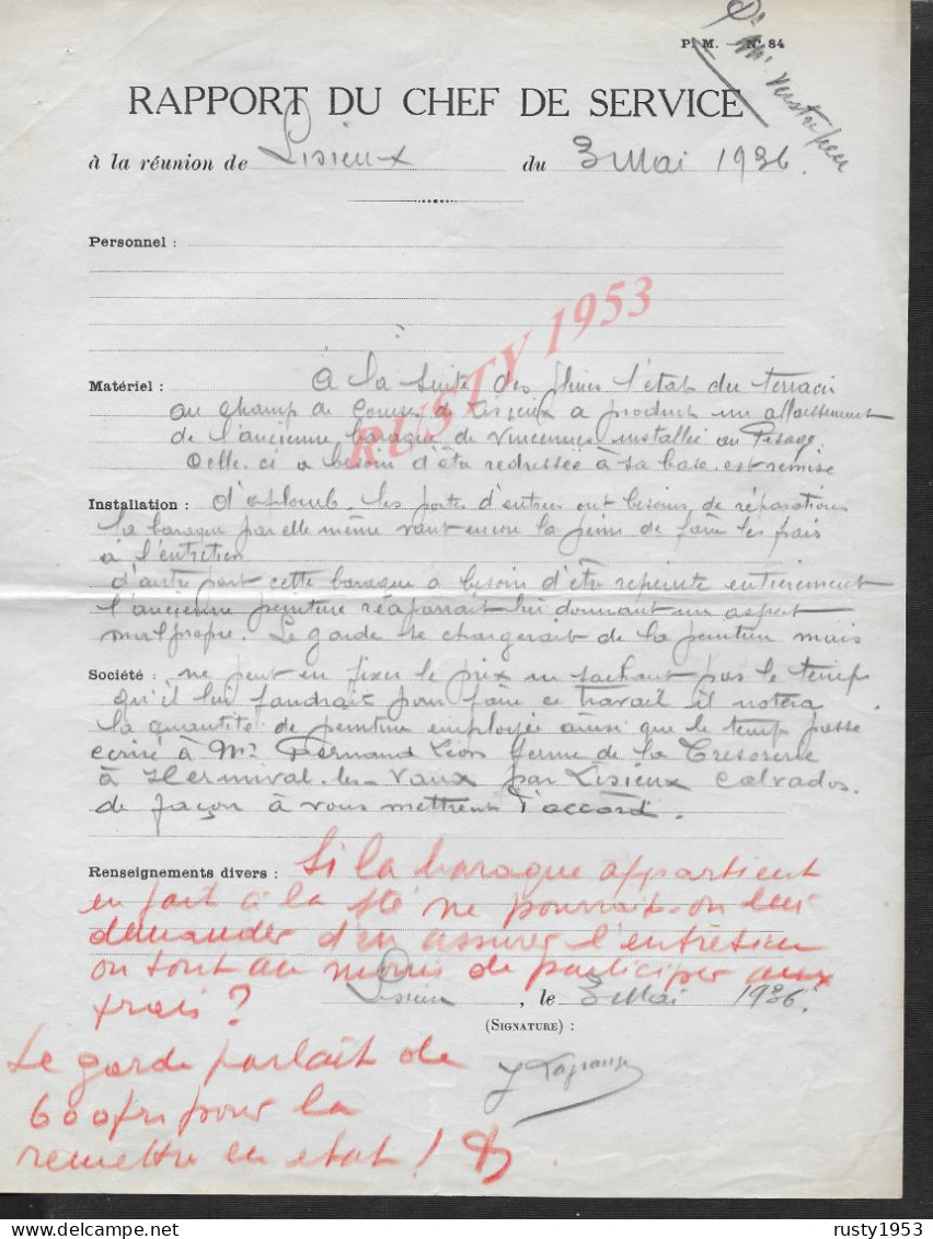 EQUITATION HIPPISME COURSE DE CHEVAUX LETTRE COMMERCIALE DE 1936 RAPPORT DU CHEF DU SERVICE LISIEUX : - Equitation