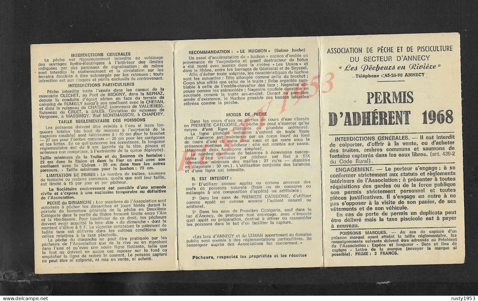 CARTE DE MEMBRE ASSOCIATION DE PÊCHE & DE PISCICULTURE DU SECTEUR D ANNECY SUR TIMBRE FISCAUX DE DUFOUR PARIS : - Pêche