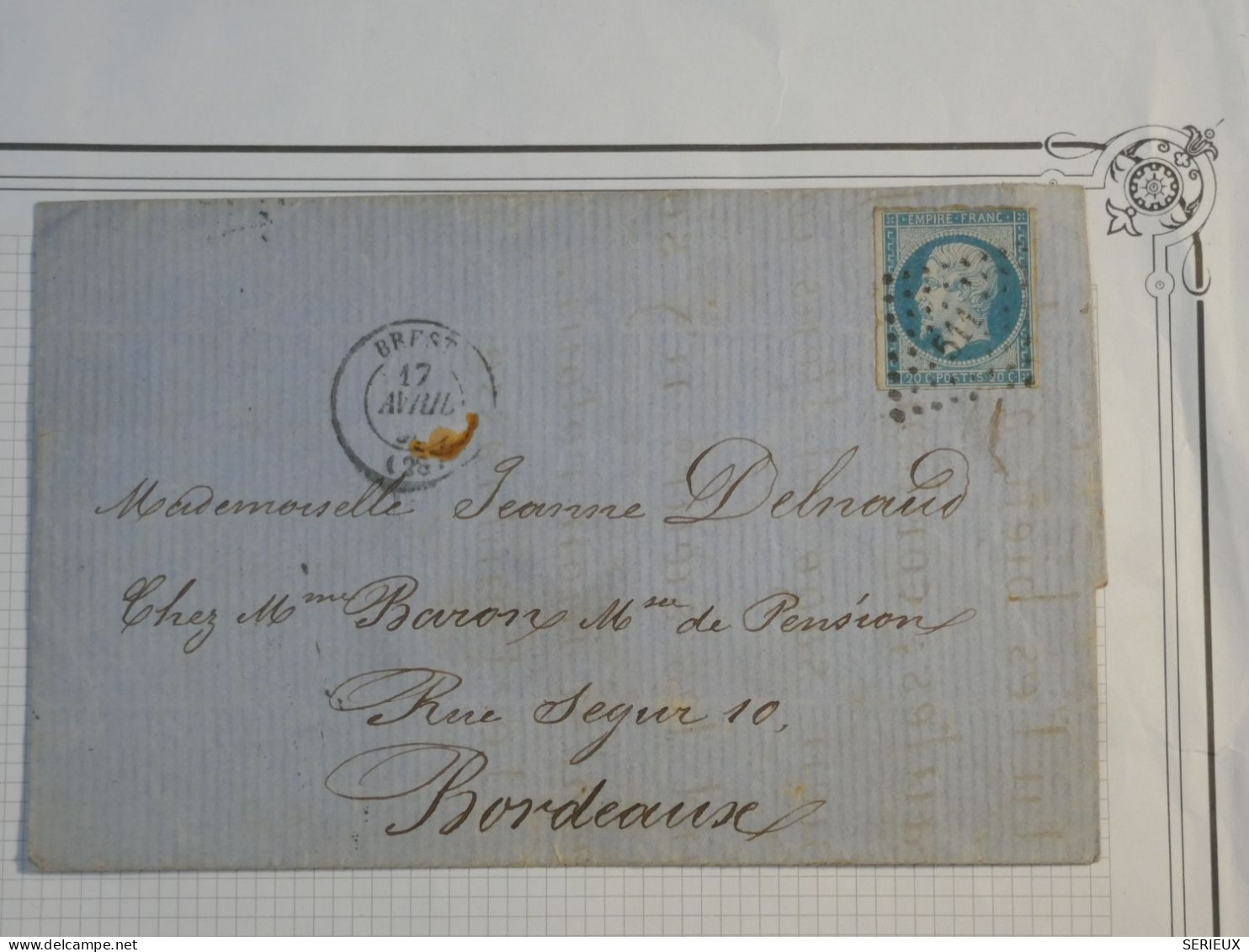 DH10 FRANCE BELLE LETTRE  ++ 1858 BREST A   BORDEAUX +    N° 14 + AFF. INTERESSANT++   ++ - 1849-1876: Classic Period