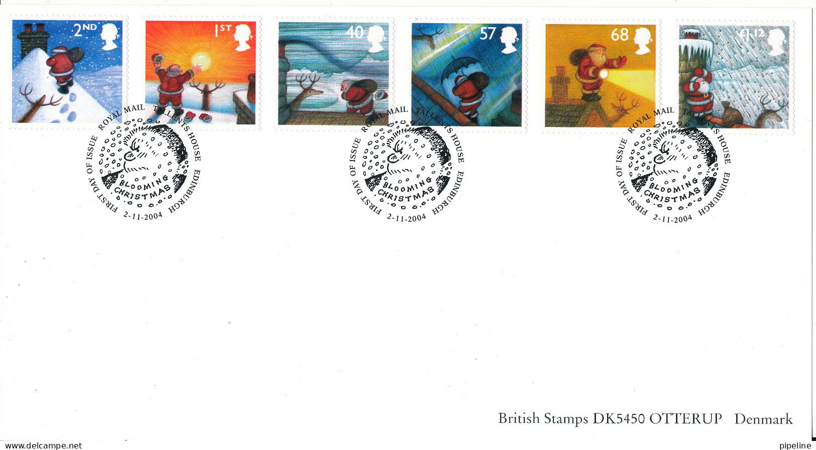 Great Britain FDC 2-11-2004 Christmas Complete Set Of 5 On Card Sent To Denmark - 2001-2010 Em. Décimales