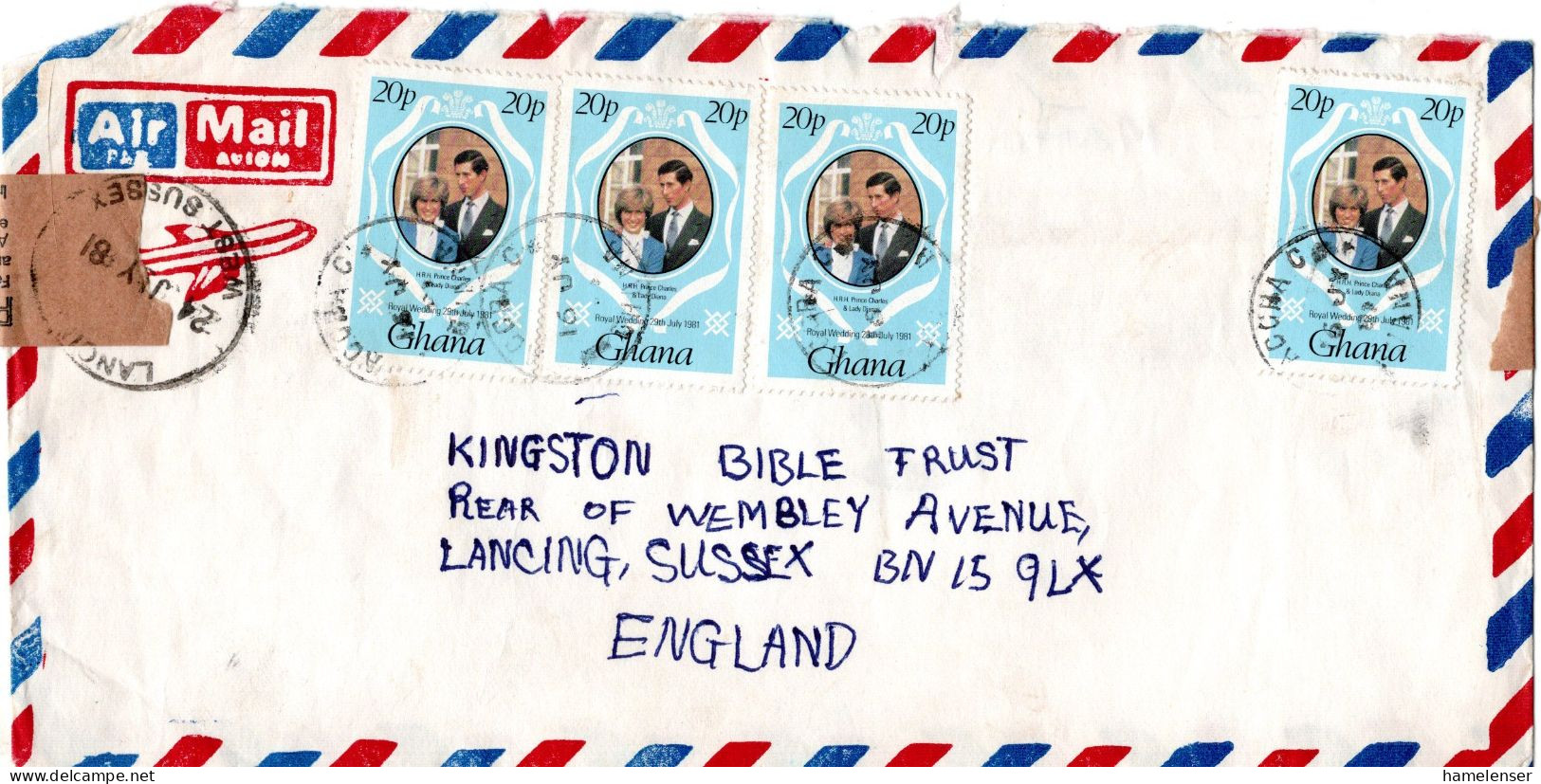 L73992 - Ghana - 1981 - 4@20p Royal Wedding A LpBf ACCRA -> LANCING (Grossbritannien), Rs Postalisch Versiegelt - Ghana (1957-...)