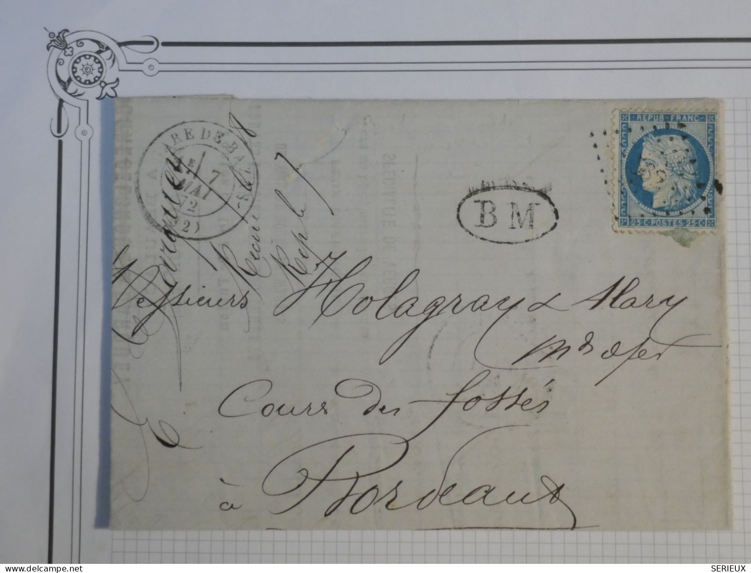 DH10 FRANCE BELLE LETTRE B M  ++ 1842+ GARE DE BAZAS  A  BORDEAUX +CERES N°60 + AFF. INTERESSANT++   ++ - 1849-1876: Période Classique