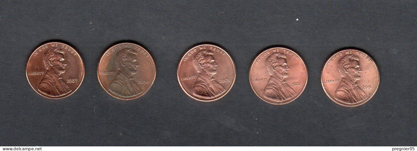 USA - Lot 5 Pièces 1 Cent Lincoln Memorial Penny 2001/02/03/04D/07  KM.201a - 1959-…: Lincoln, Memorial Reverse