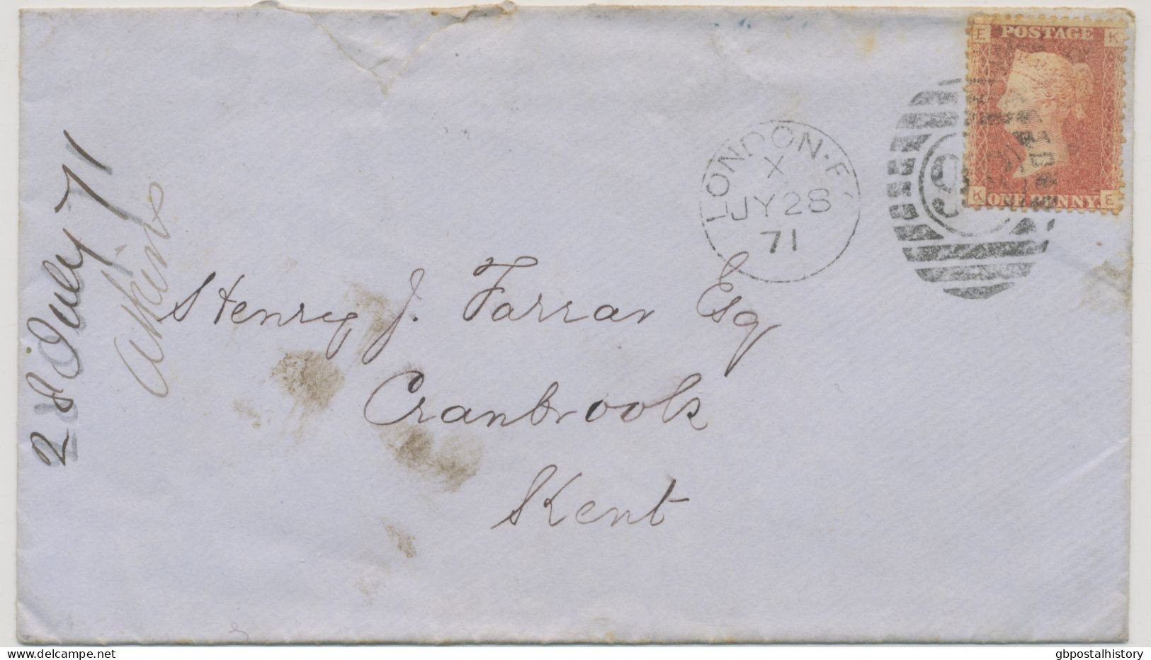 GB 1871, QV 1d Rose-red Pl.122 (KE) On Cvr (faults) With Barred Duplex-cancel "LONDON-E.C / 98" (East Central District, - Cartas & Documentos