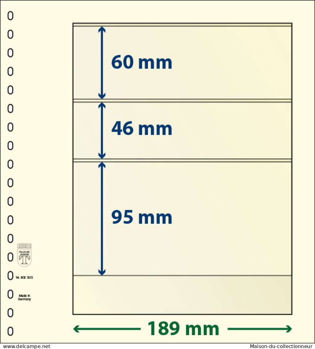 Paquet De 10 Feuilles Neutres Lindner-T 3 Bandes 95 Mm,46 Mm Et 60 Mm - A Nastro