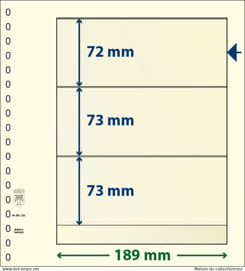 Paquet De 10 Feuilles Neutres Lindner-T 3 Bandes 73 Mm,73 Mm Et 72 Mm - De Bandas