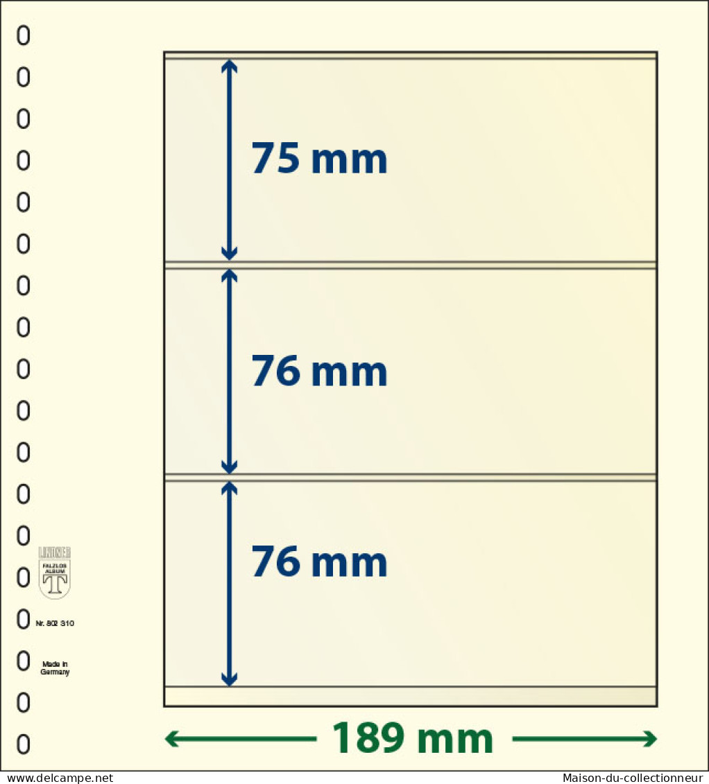 Paquet De 10 Feuilles Neutres Lindner-T 3 Bandes 76 Mm,76 Mm Et 75 Mm - For Stockbook