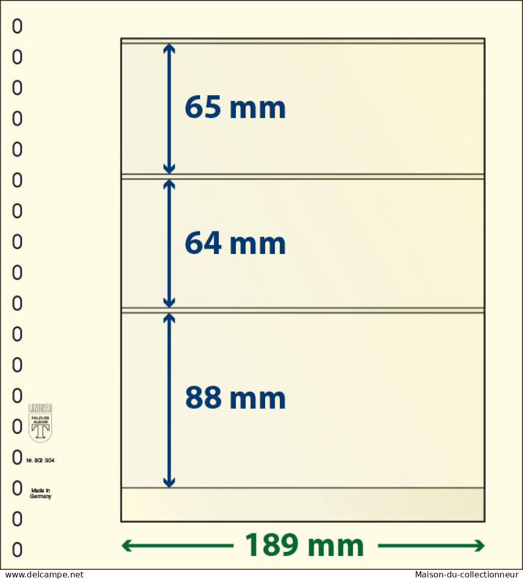 Paquet De 10 Feuilles Neutres Lindner-T 3 Bandes 88 Mm,64 Mm Et 65 Mm - A Bandes