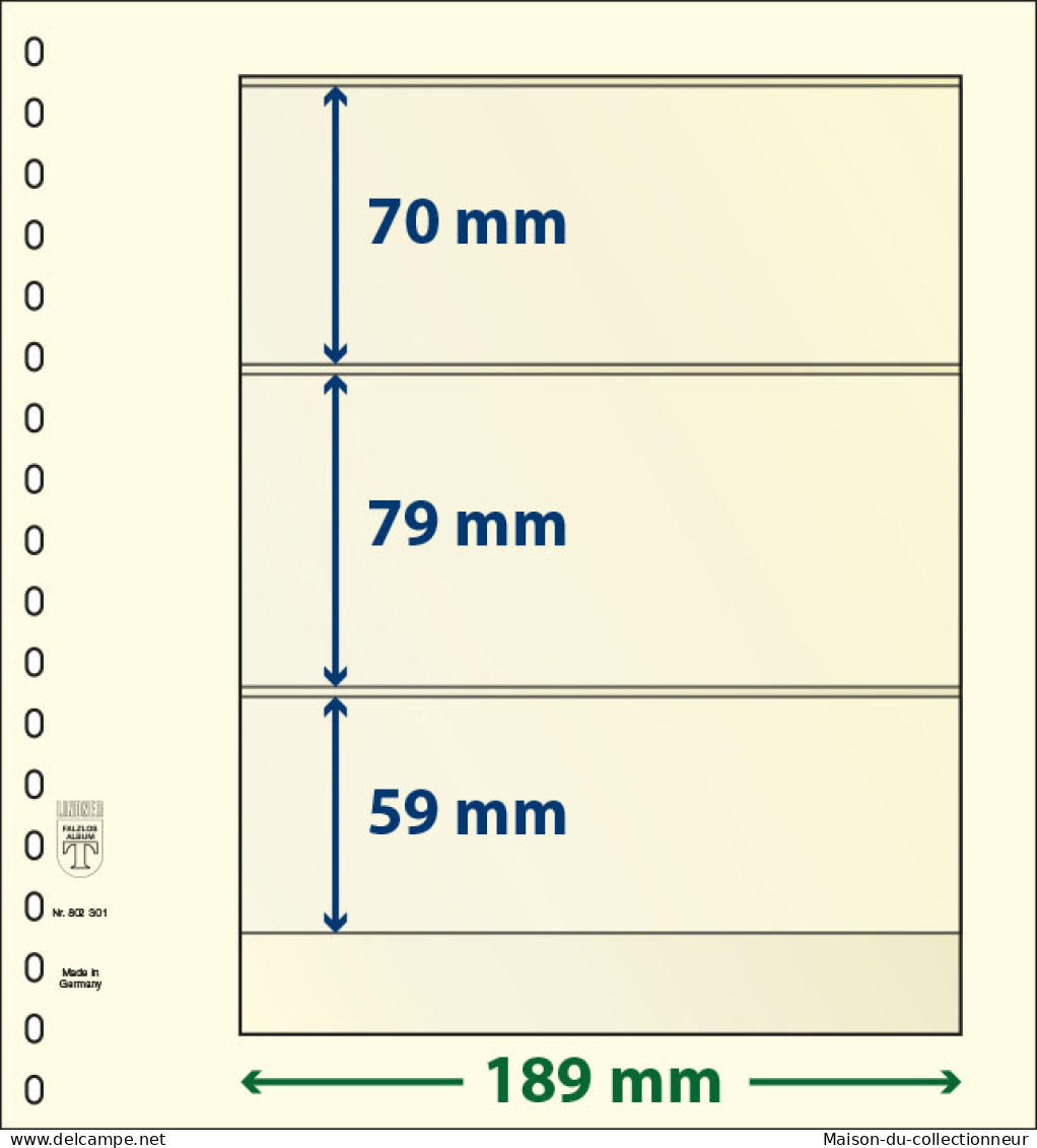 Paquet De 10 Feuilles Neutres Lindner-T 3 Bandes 59 Mm,79 Mm Et 70 Mm - A Bandes