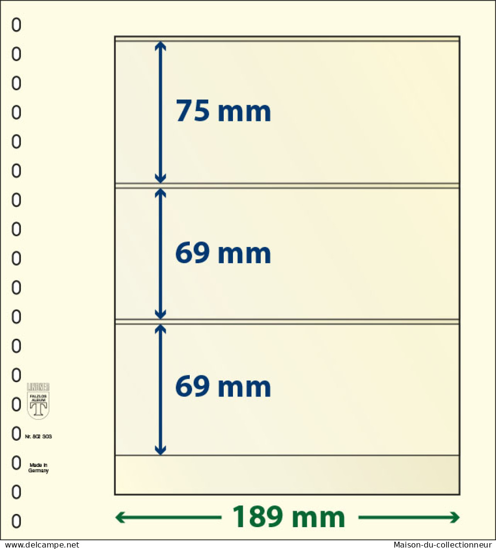 Paquet De 10 Feuilles Neutres Lindner-T 3 Bandes 69 Mm,69 Mm Et 75 Mm - A Bandes