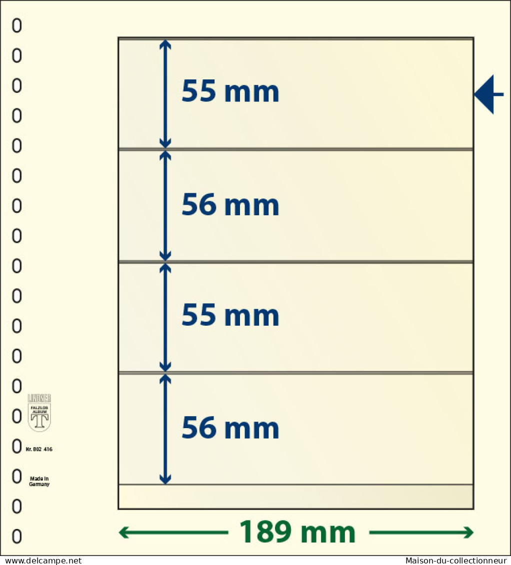 Paquet De 10 Feuilles Neutres Lindner-T 4 Bandes 56 Mm,55 Mm,56 Mm Et 55 Mm - A Nastro