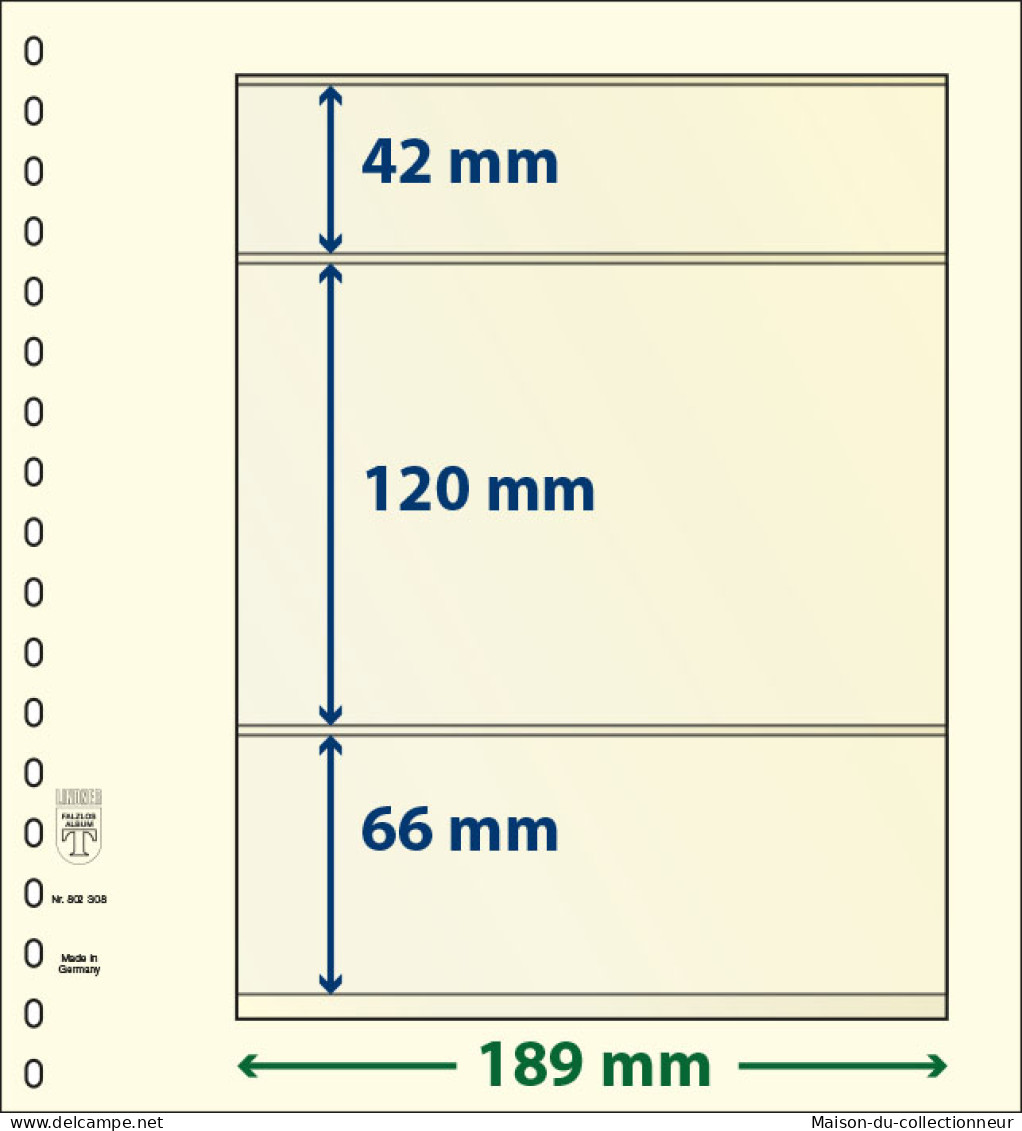 Paquet De 10 Feuilles Neutres Lindner-T 3 Bandes 66 Mm,120 Mm Et 42 Mm - A Nastro