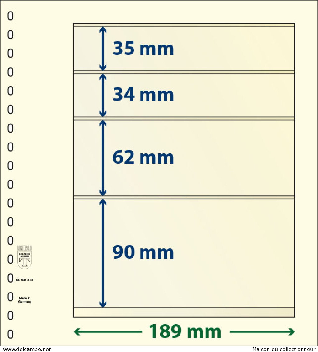 Paquet De 10 Feuilles Neutres Lindner-T 4 Bandes 90 Mm,62 Mm,34 Mm Et 35 Mm - A Nastro