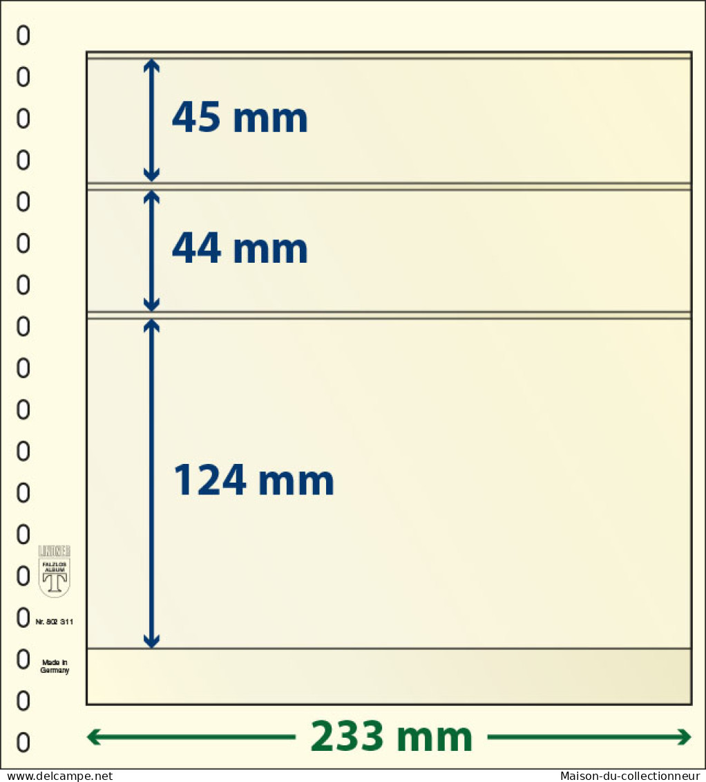 Paquet De 10 Feuilles Neutres Lindner-T 3 Bandes 124 Mm,44 Mm Et 45 Mm - For Stockbook