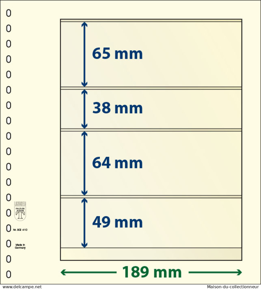 Paquet De 10 Feuilles Neutres Lindner-T 4 Bandes 49 Mm,64 Mm,38 Mm Et 65 Mm - A Nastro