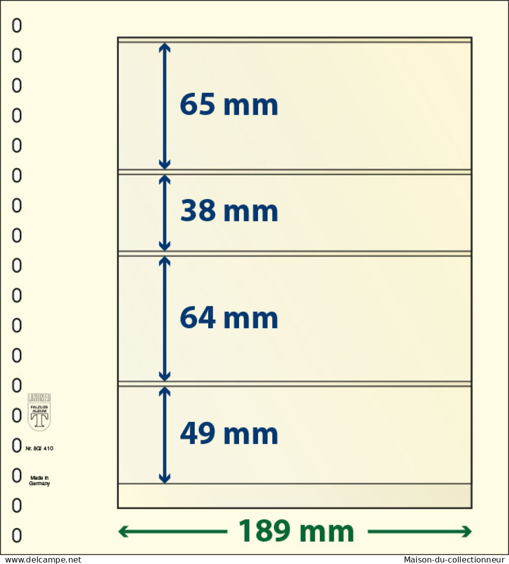 Paquet De 10 Feuilles Neutres Lindner-T 4 Bandes 49 Mm,64 Mm,38 Mm Et 65 Mm - For Stockbook