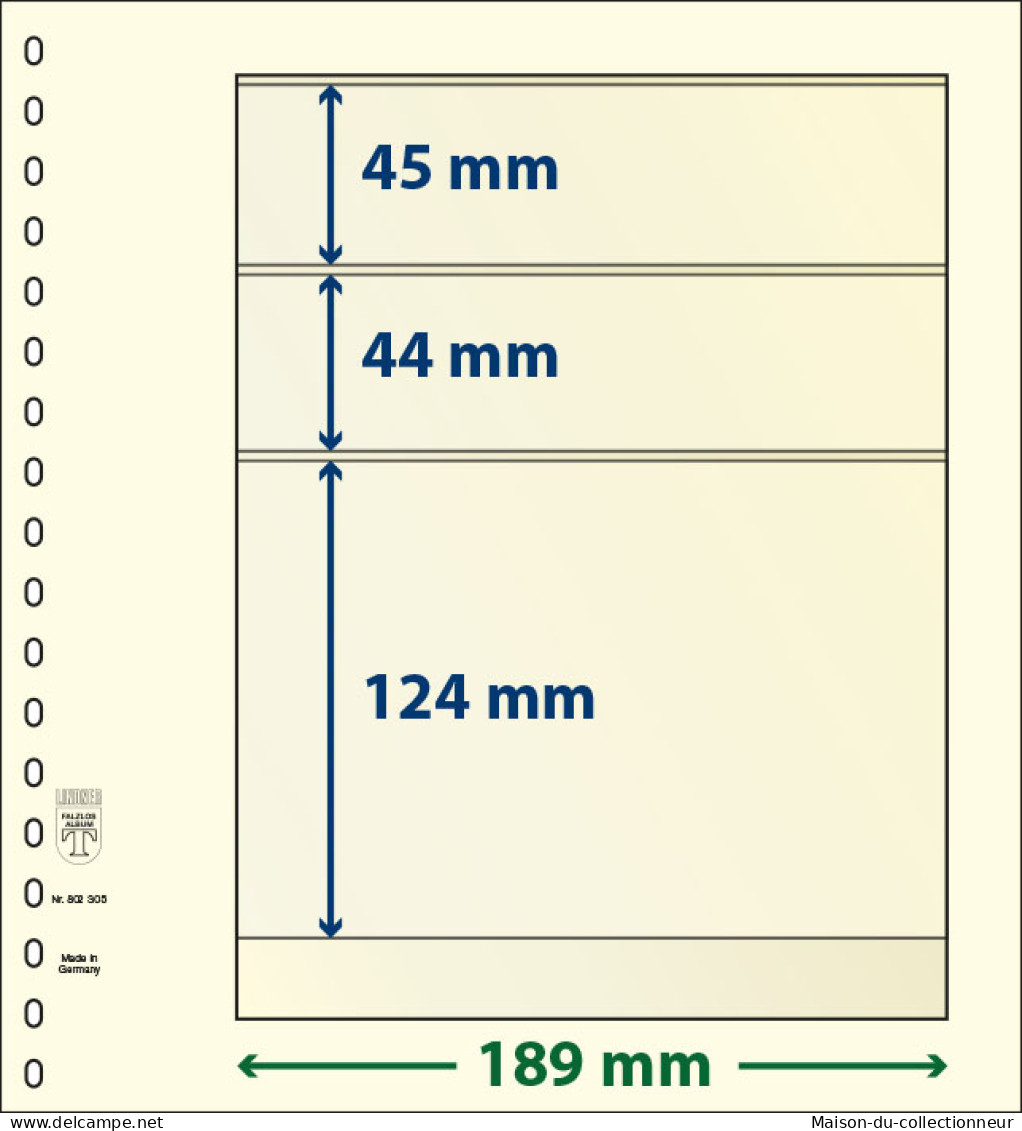 Paquet De 10 Feuilles Neutres Lindner-T 3 Bandes 124 Mm,44 Mm Et 45 Mm - For Stockbook