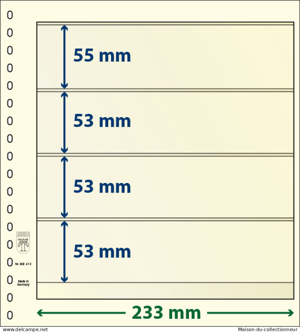 Paquet De 10 Feuilles Neutres Lindner-T 4 Bandes 53 Mm,53 Mm,53 Mm Et 55 Mm - A Bandes