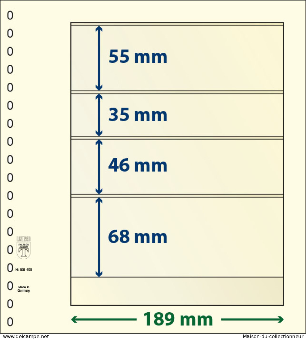 Paquet De 10 Feuilles Neutres Lindner-T 4 Bandes 68 Mm,46 Mm,35 Mm Et 55 Mm - For Stockbook