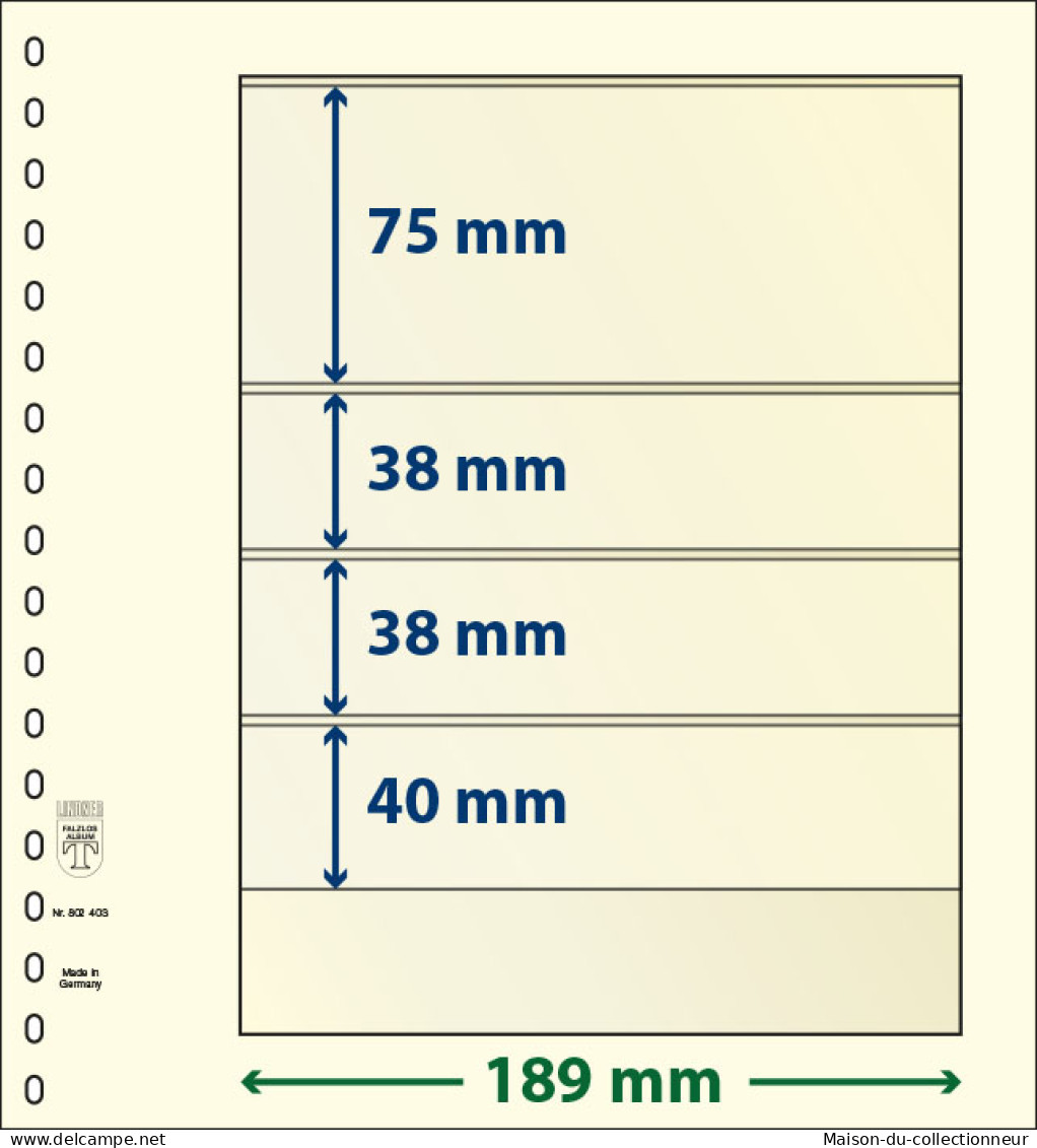 Paquet De 10 Feuilles Neutres Lindner-T 4 Bandes 40 Mm,38 Mm,38 Mm Et 75 Mm - De Bandas