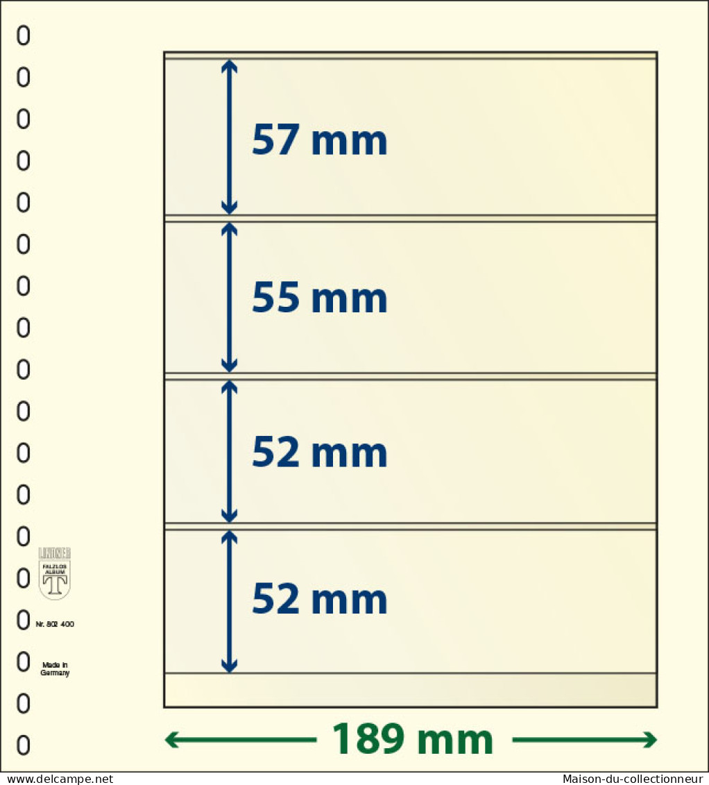 Paquet De 10 Feuilles Neutres Lindner-T 4 Bandes 52 Mm,52 Mm,55 Mm Et 57 Mm - A Bandes