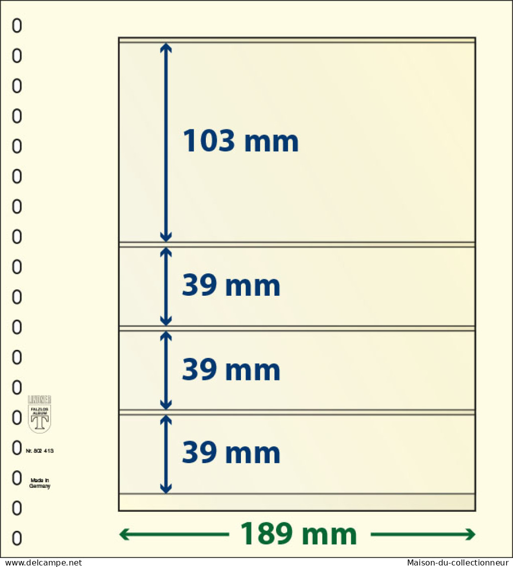 Paquet De 10 Feuilles Neutres Lindner-T 4 Bandes 39 Mm,39 Mm,39 Mm Et 103 Mm - For Stockbook