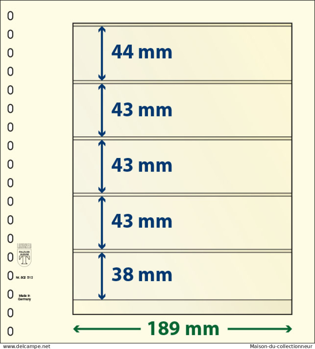 Paquet De 10 Feuilles Neutres Lindner-T 5 Bandes 38 Mm,43 Mm,43 Mm,43 Mm Et 44 Mm - For Stockbook