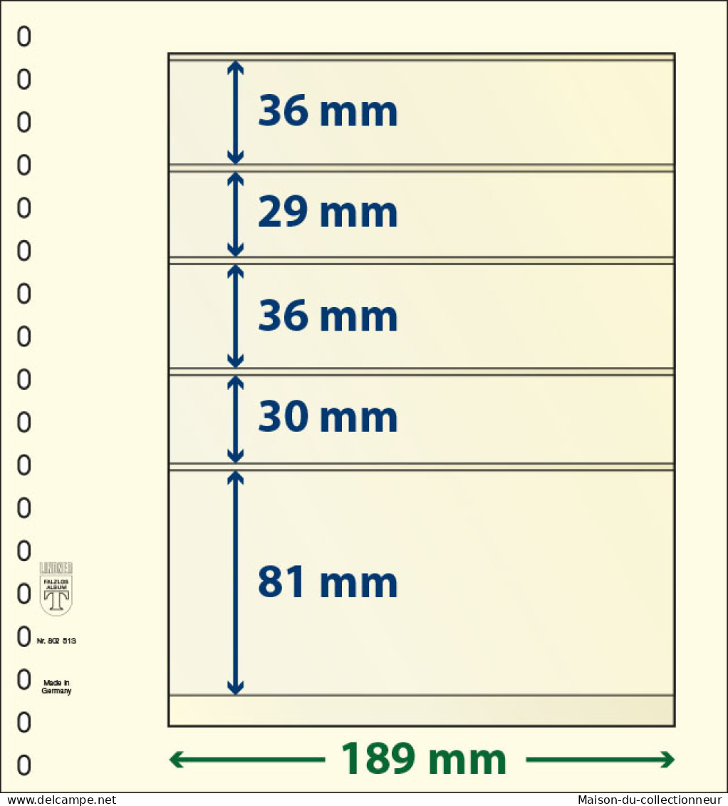 Paquet De 10 Feuilles Neutres Lindner-T 5 Bandes 81 Mm,30 Mm,36 Mm,29 Mm Et 36 Mm - A Nastro