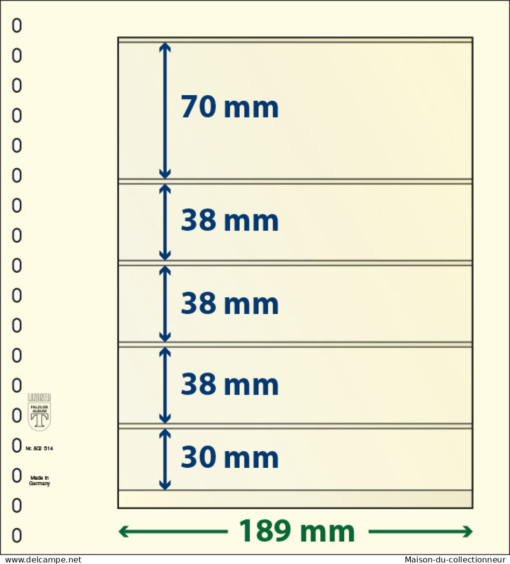 Paquet De 10 Feuilles Neutres Lindner-T 5 Bandes 30 Mm,38 Mm,38 Mm,38 Mm Et 70 Mm - A Nastro
