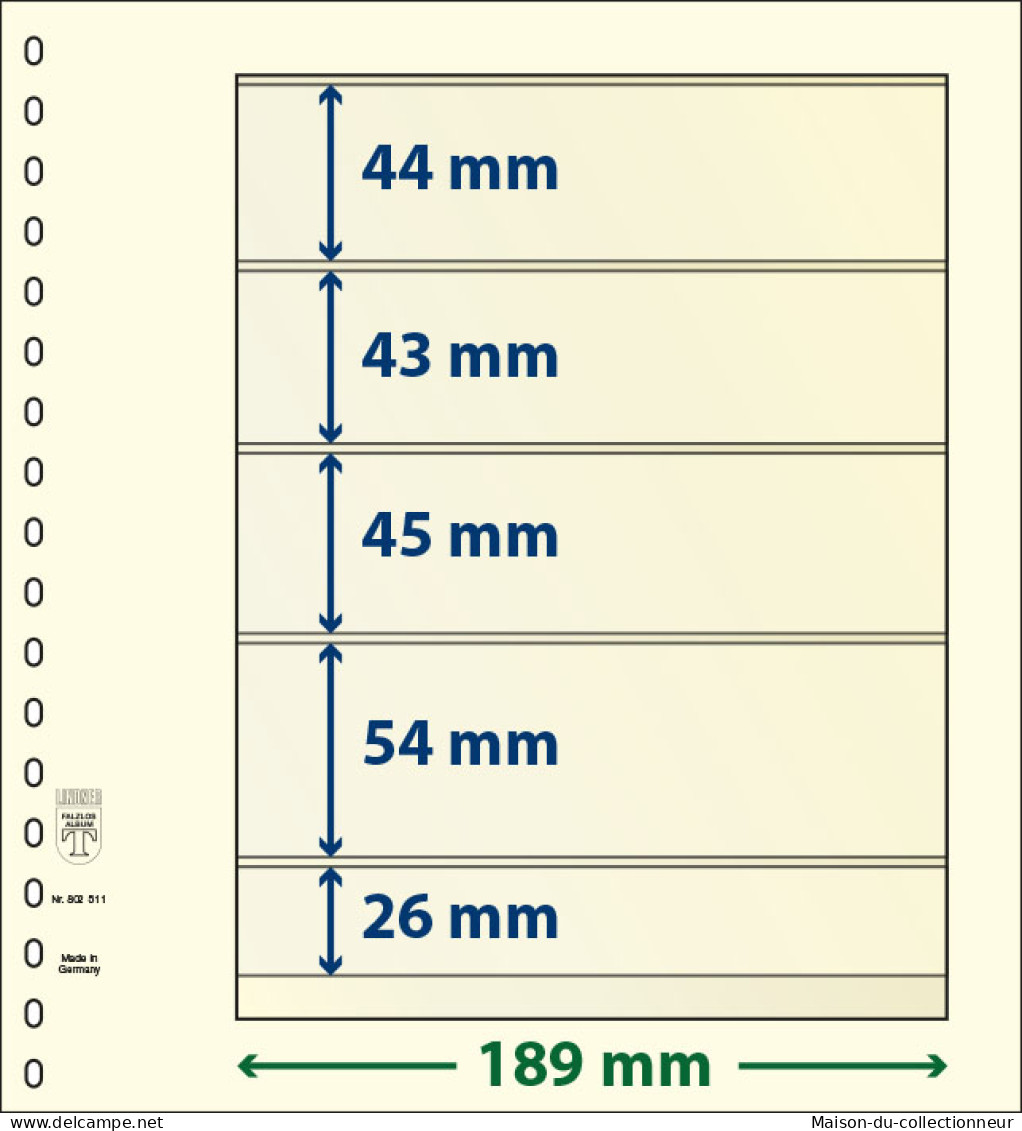 Paquet De 10 Feuilles Neutres Lindner-T 5 Bandes 26 Mm,54 Mm,45 Mm,43 Mm Et 44 Mm - For Stockbook
