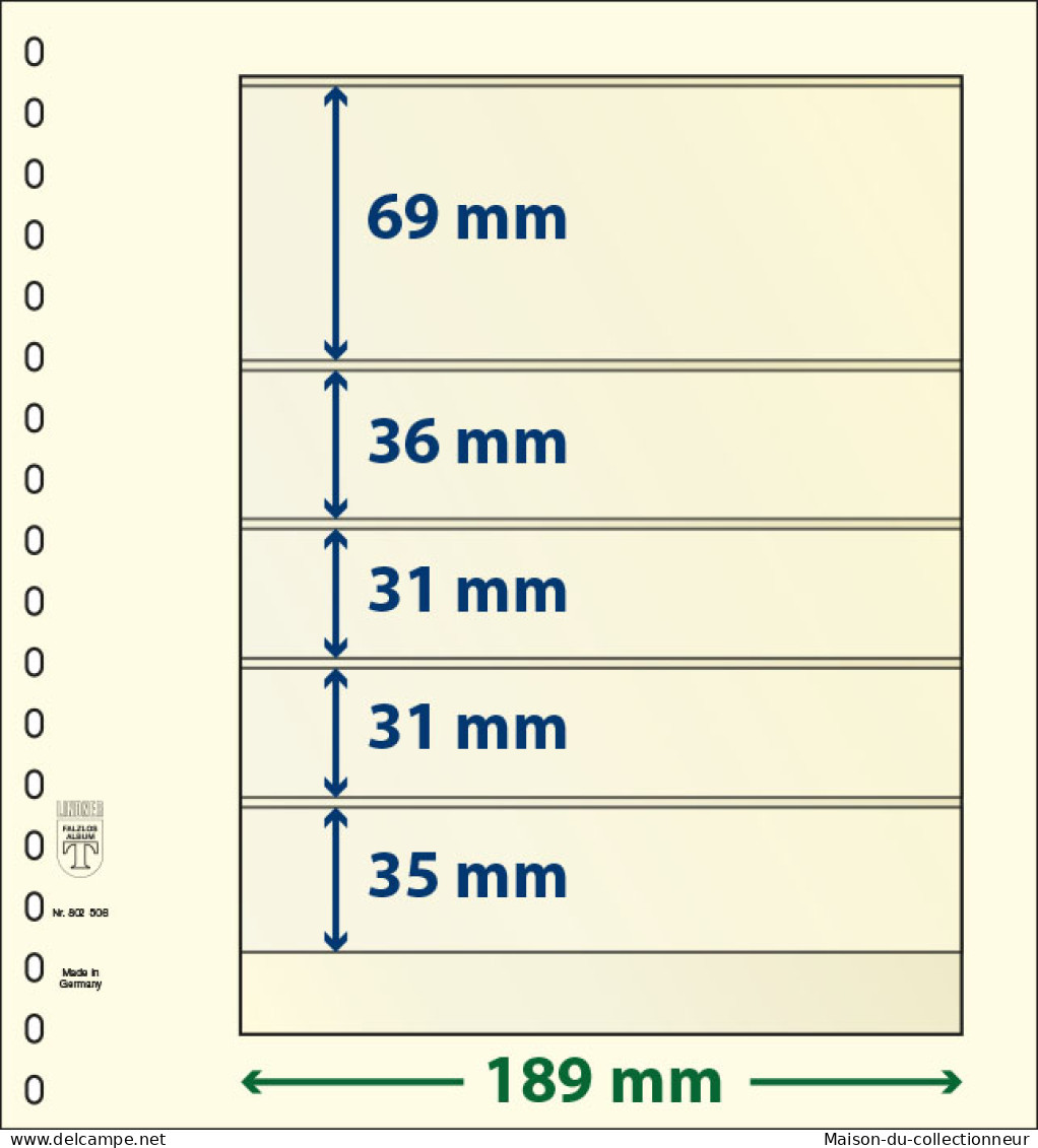 Paquet De 10 Feuilles Neutres Lindner-T 5 Bandes 35 Mm,31 Mm,31 Mm,36 Mm Et 69 Mm - A Bandes