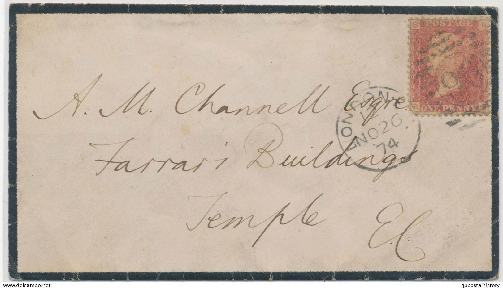 GB 1874, QV 1d Rose-red Pl.149 (RB, Perf. Faults) On Mourning Cvr With Barred Duplex-cancel "LONDON-E.C / 96" (East Cent - Storia Postale