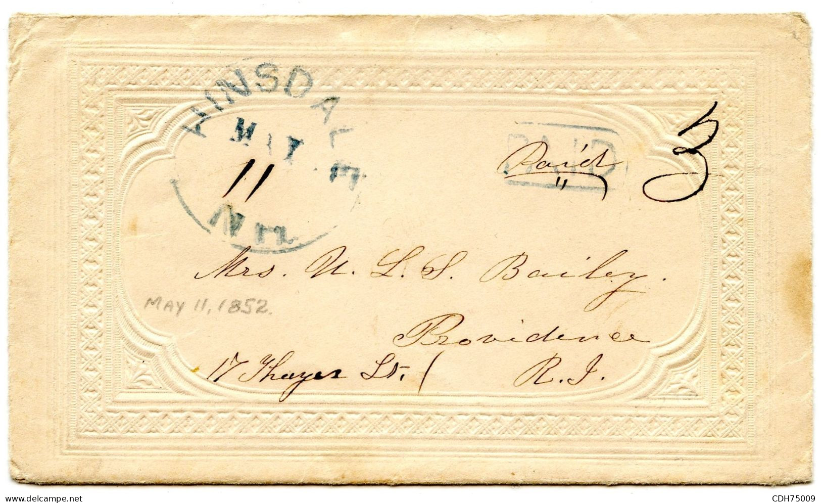 ETATS UNIS - HINSDALE + PAID 3 SUR LETTRE AVEC CORRESPONDANCE POUR PROVIDENCE, 1852 - Covers & Documents