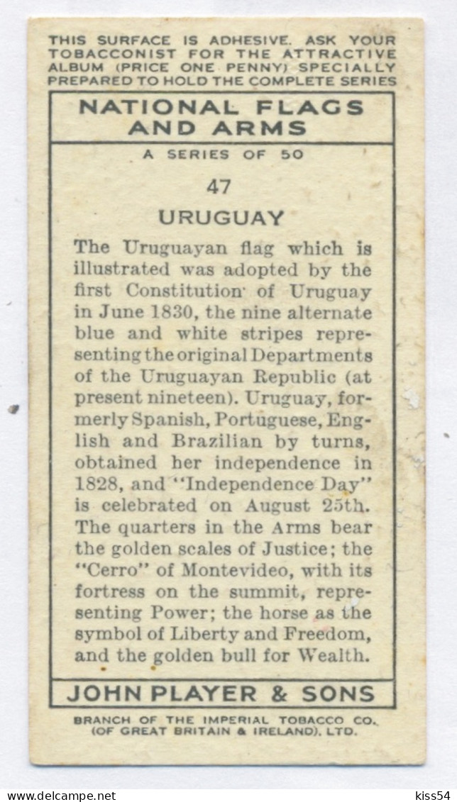 FL 13 - 47-a URUGUAY National Flag & Emblem, Imperial Tabacco - 67/36 Mm - Objets Publicitaires