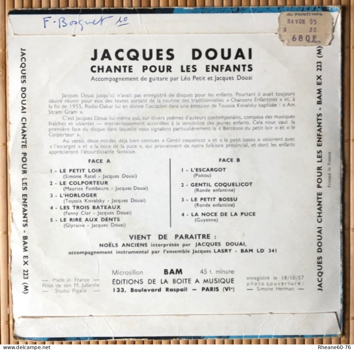 BAM EX 223 - 45T EP - Jacques Douai Chante Pour Les Enfants - Formats Spéciaux