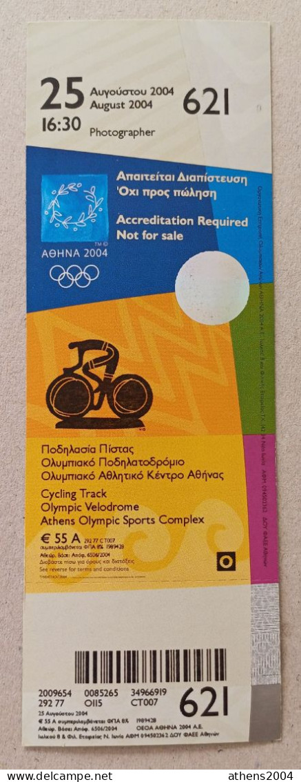 Athens 2004 Olympic Games -  Cycling Track Unused Ticket, Code: 621 - Uniformes Recordatorios & Misc