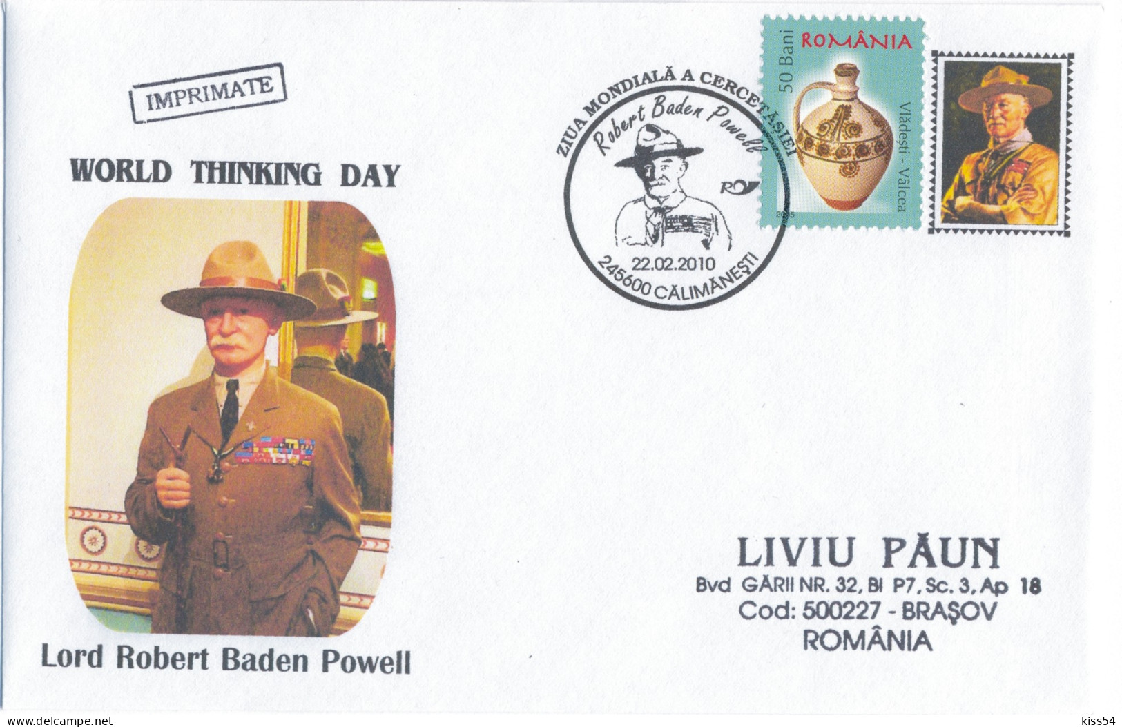 SC 00 - 531 Robert BADEN POWELL, Scout, Romania, World Thinking Day - Cover - Used - 2010 - Storia Postale