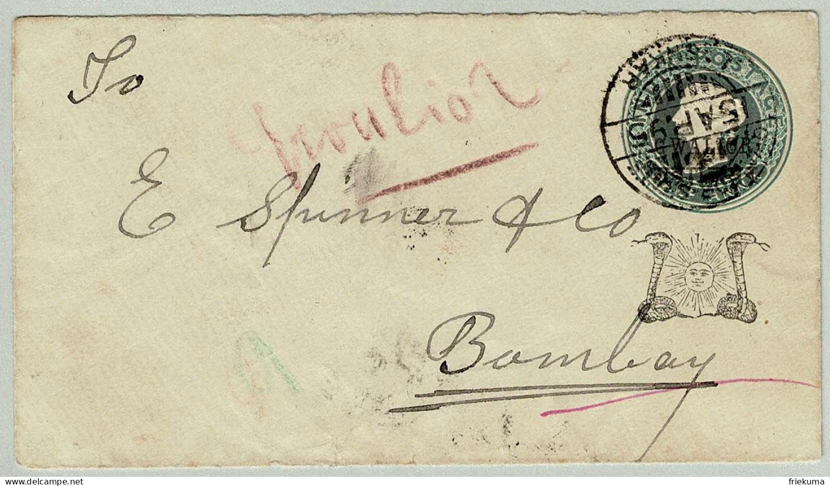 Grossbritannien / United Kingdom 1895, Kolonie Indien / India, Postal Stationery Gwalior - Bombay, Schlange, Sonne / Sun - 1882-1901 Empire