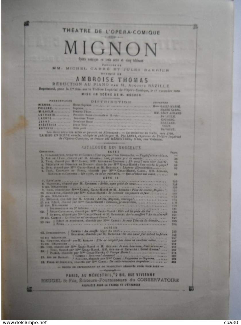 LIVRE AMBROISE THOMAS.THEATRE IMPERIAL DE L'OPERA COMIQUE.EDITION AU MENESTREL HEUGEL PARIS 2bis RUE DE VIVIENNE - Autores Franceses