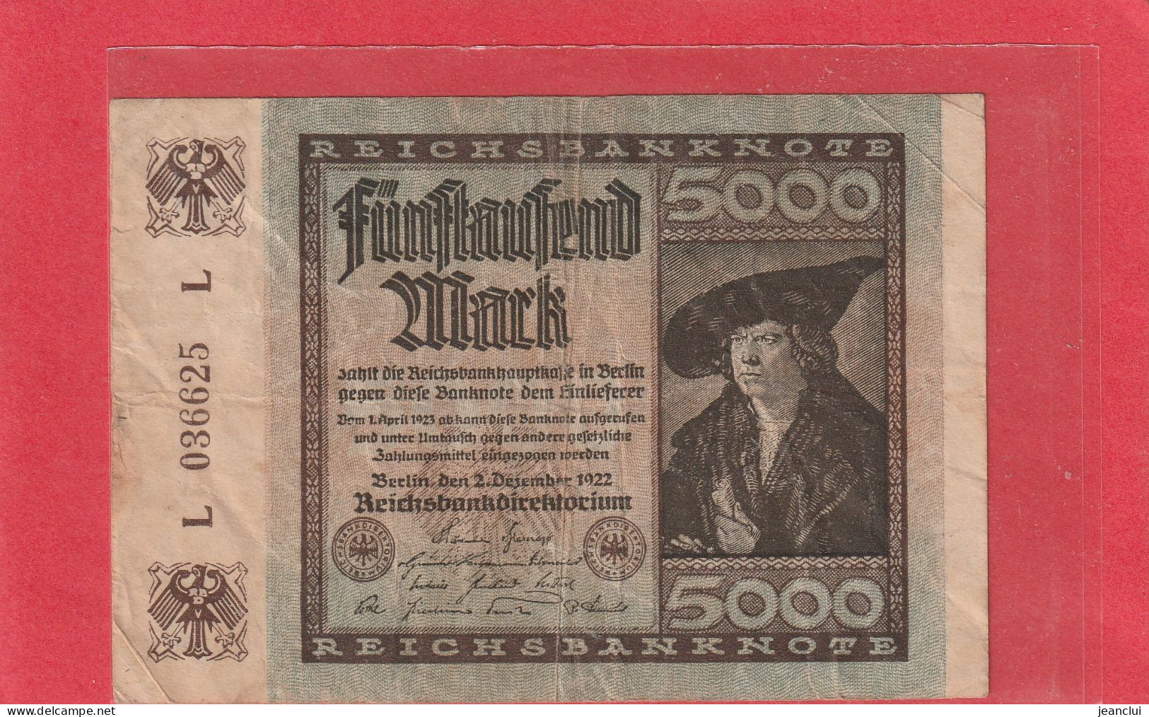 REICHSBANKNOTE - 5.000 MARK . 2-12-1922 .  N° L 036625 L -  2 SCANNES - 5.000 Mark