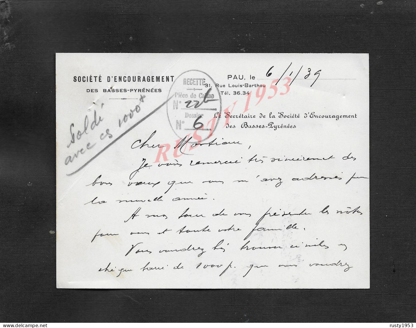 EQUITATION HIPPISME CDV CARTE DE VISITE SOCIETE D ENCOURAGEMENT HIPPIQUE COURSE DE CHEVAUX DE PAU 1939 : - Ruitersport