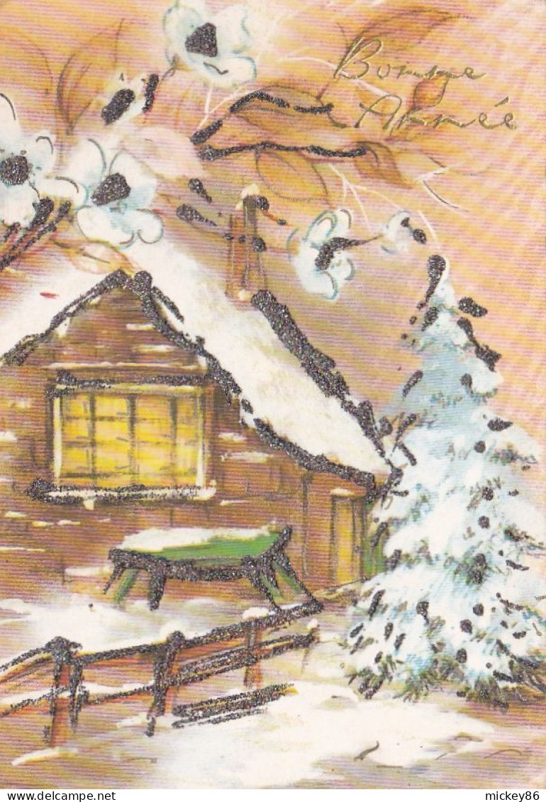 Bonne Année ---illustrateur  ?????  ----Paysage De Neige Avec Chalet En Beau Plan --- Grains De Givre - Nouvel An