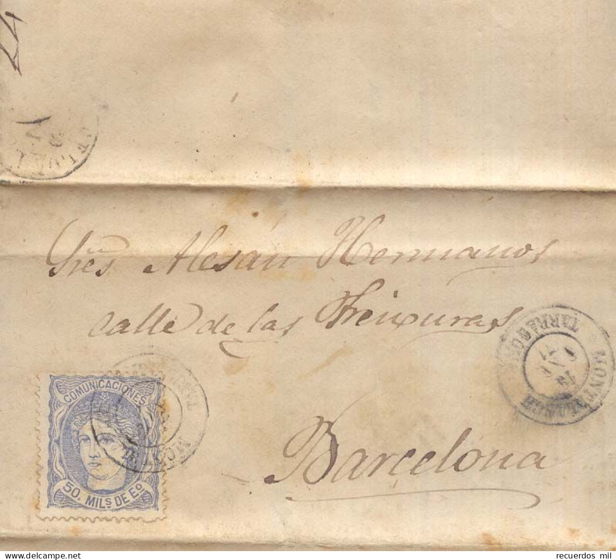 Año 1870 Edifil 107 Alegoria Carta Matasellos Montblanch Tarragona Carlos Folch - Briefe U. Dokumente