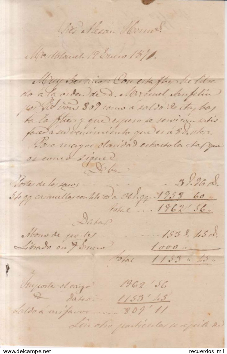 Año 1870 Edifil 107 Alegoria Carta Matasellos Montblanch Tarragona Carlos Folch - Covers & Documents