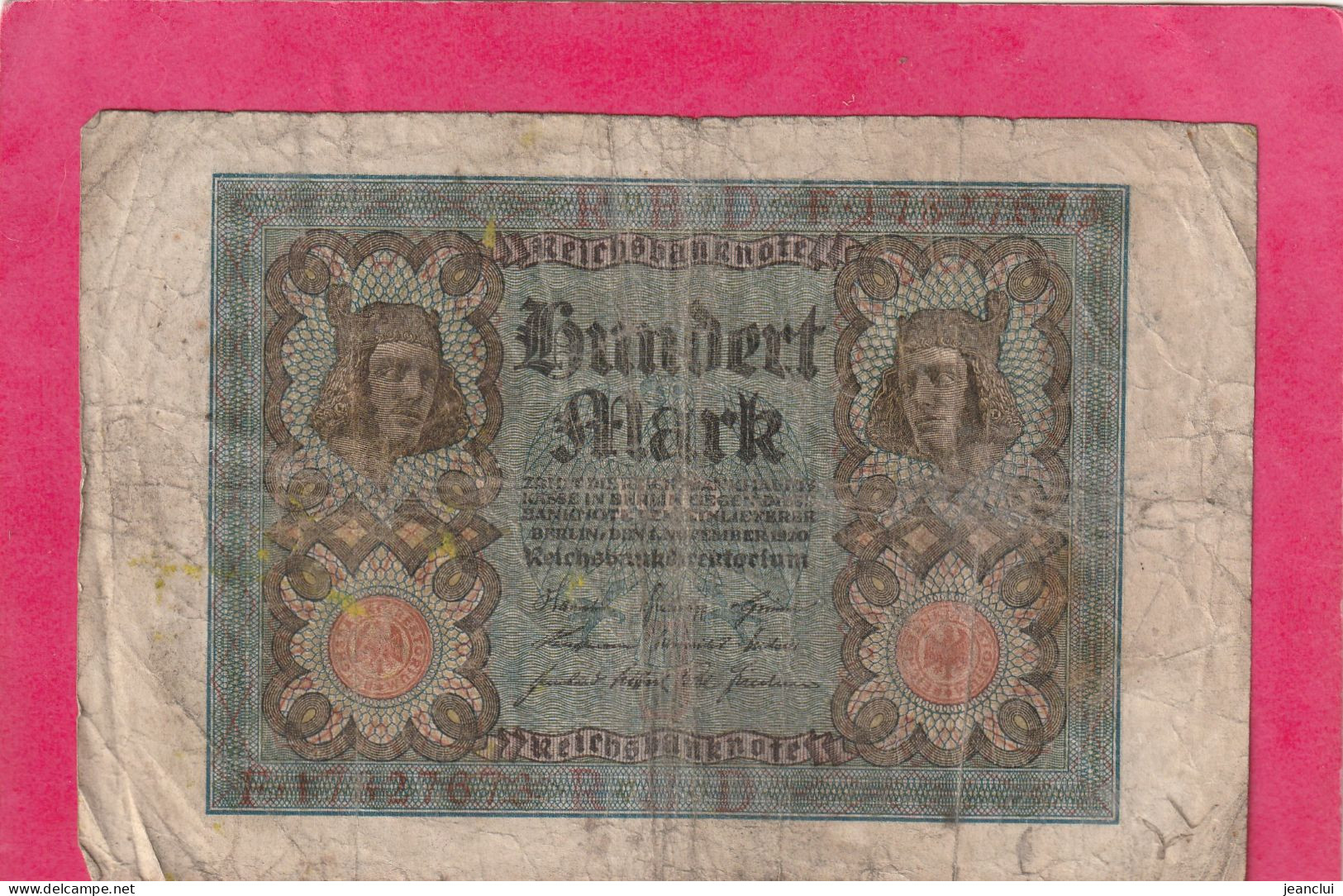 REICHSBANKNOTE .  100 MARK .  1-11-1920   .   .  2 SCANNES - 100 Mark