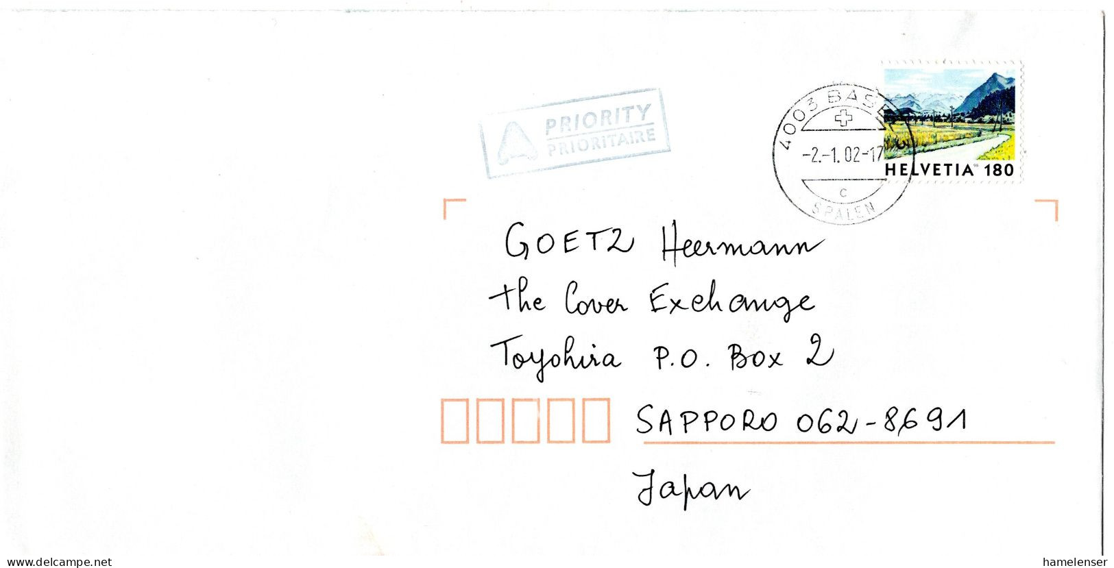 L74038 - Schweiz - 2002 - 180Rp Landschaft EF A LpBf BASEL -> Japan - Storia Postale